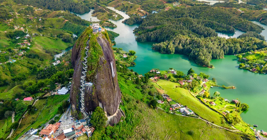Aerial view of El Peñol Rock and the Guatapé reservoir